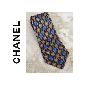 CHANEL CC Logo Chain Pattern 100% Silk Tie Multi-Colour Authentic